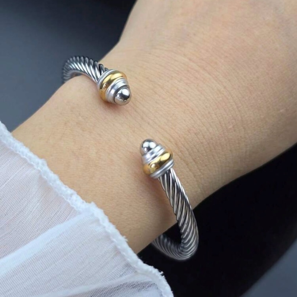 Two-Tone Twisted Cable Open Cuff Bracelet - Silver & Gold